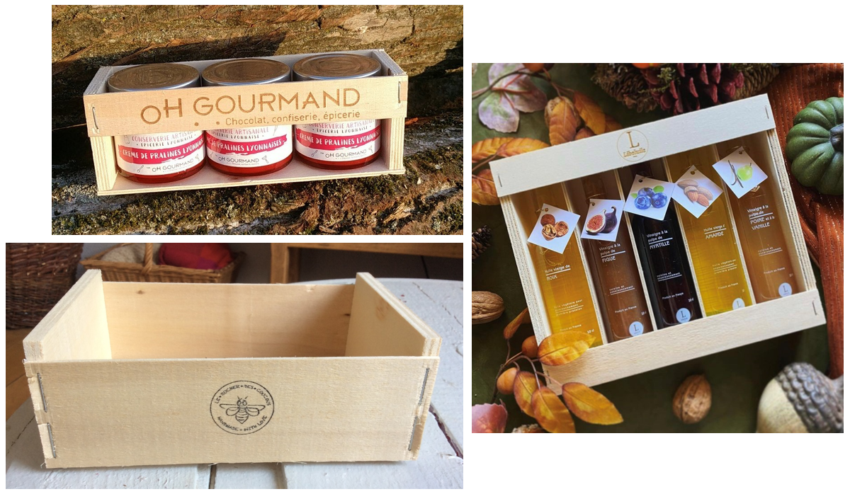 coffret en bois pour terrine chocolat praline, huile, vinaigre